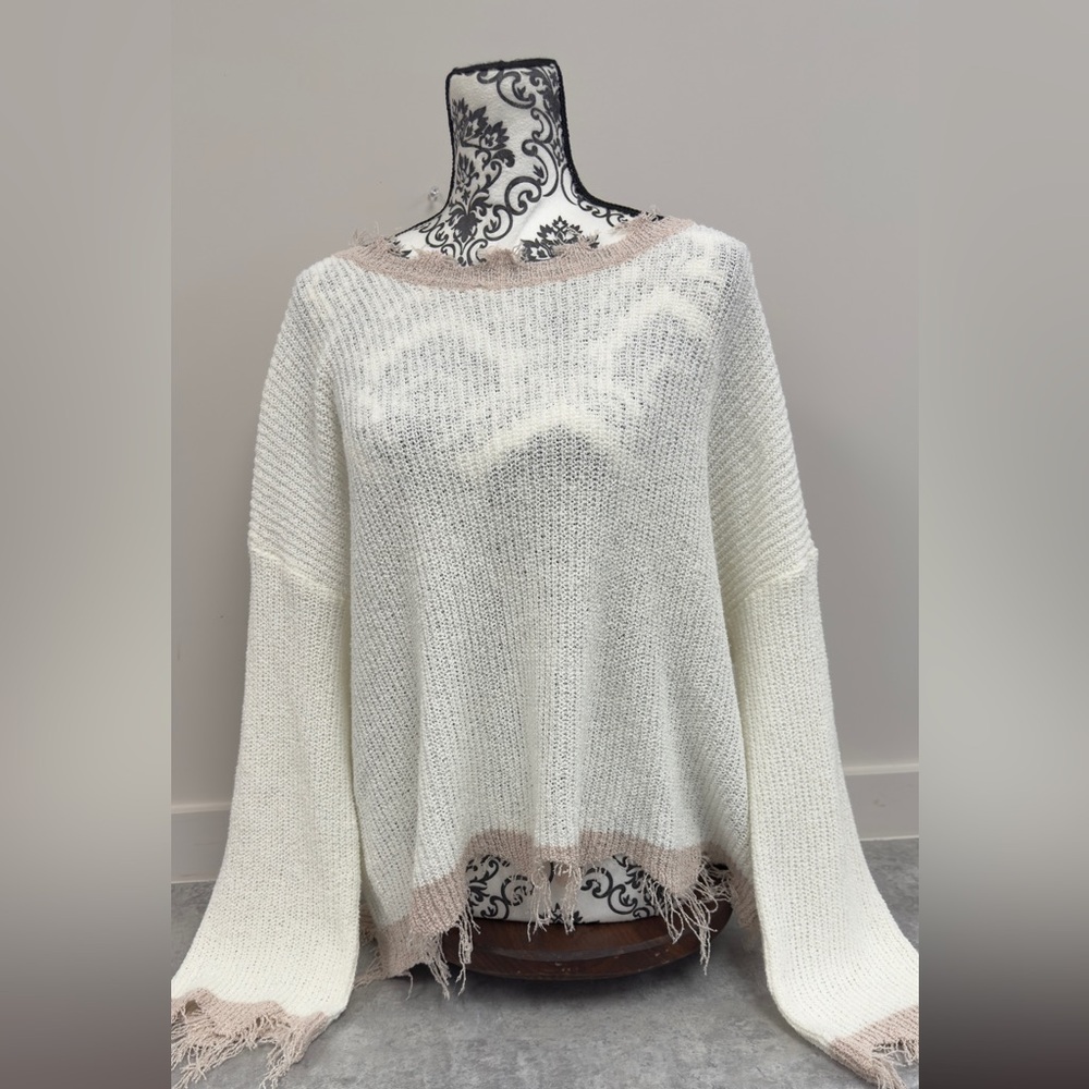 POL Cream and Tan‎ Sweater with Fringe
